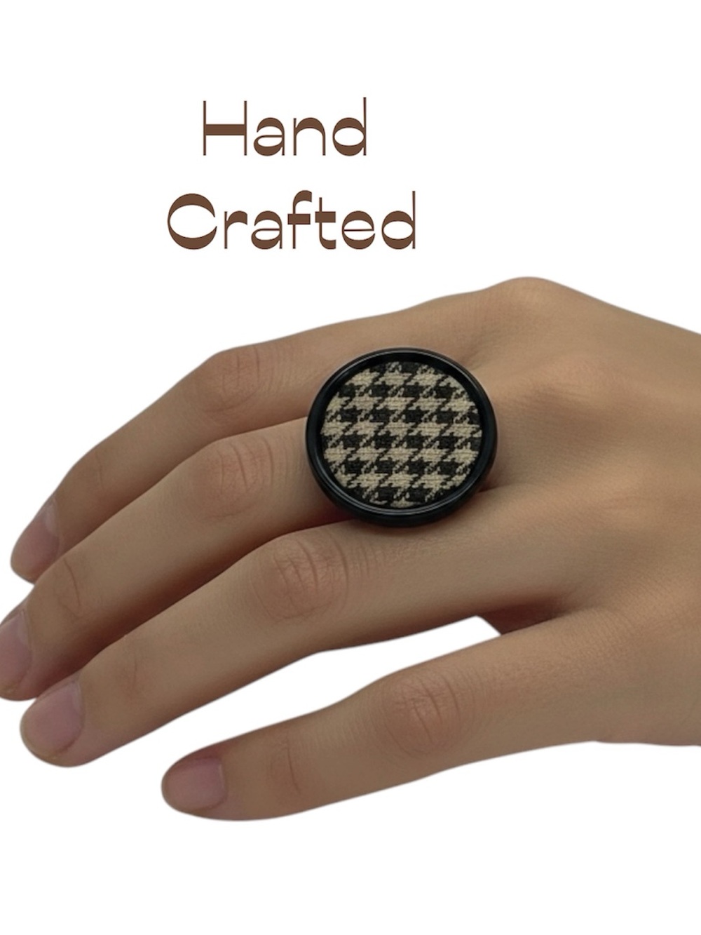 Hand Crafted Brown Cream Plaid Fabric Button Repurposed Into Ring NWT OS
